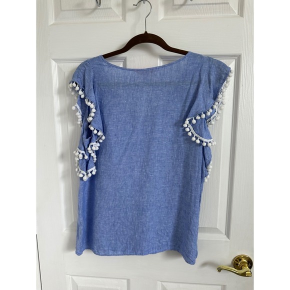 Lilly Pulitzer Astoria  Linen Top Pom Pom Trim V-Neck Blouse Blue‎ Size M EUC - Picture 3 of 5
